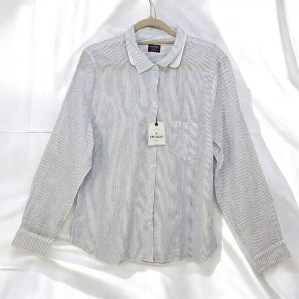 UNTUCKit Angelen Shirt Women 0 White Striped‎ Long Sleeve Button Up Linen Tencel
